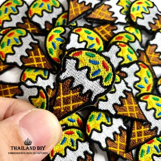 [ ตัวรีดติดเสื้อ ลาย ไอศครีมโคน การ์ตูน สีเหลือง size s ] Ice Cream Patch งานปัก DIY ตัวรีด อาร์ม ติดเสื้อ กางเกง หมวก