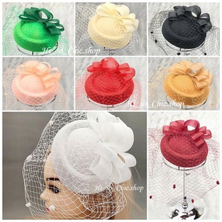 กิ๊บหมวกสไตล์ผู้ดีอังกฤษ สไตล์ Fascinator  ติดโบว์ริบบิ้นไนล่อน และ ผ้าตาข่ายคลุมหน้า