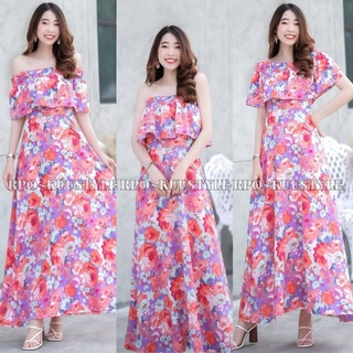 Maxi dress เปิดไหล่ลายดอกไม้หวาน สีสวยสดใสมากๆ มีซิปซ่อนด้านหลัง/มีซัปใน จะใส่เปิดไหล่แบบเซ็กซี่ หรือคลุมไหล่