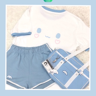 Sanrios ชุดกีฬา เสื้อแขนสั้น ลายการ์ตูนอนิเมะ Kawaii Cinnamoroll ทรงหลวม สองชิ้น แฟชั่นฤดูร้อน สไตล์ญี่ปุ่น สําหรับเด็กผู้หญิง นักเรียน