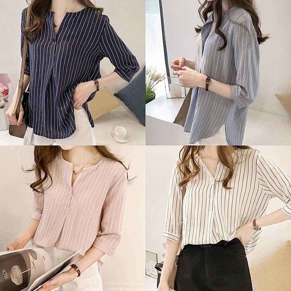 ราคาถูกที่สุด เสื้อแขนสามส่วนลายริ้ว 4 สี ผ้าใส่สบาย มีกระดุมหน้า