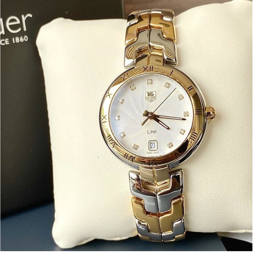 kept unused TAG Heuer Link Guilloche Steel 18k Gold Diamond Silver Dial Quartz Watch WAT1350