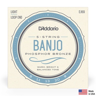 D’Addario® EJ69 สายกีตาร์แบนโจ สายแบนโจ 5 สาย เบอร์ 9 แบบ Phosphor Bronze (Light Gauge , 0.009 - 0.020) ** Made in USA *