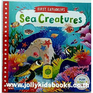 ดึง Sea Creatures (push pull slide board book) เหมาะสำหรับ 1+ กระดาษแข็งหนาทุกหน้า