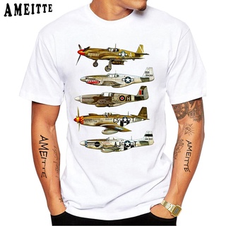 Tshirtคอลูกเรือcrew neckเครื่องบินรบ P51 Mustang World War Ii Fighter แฟชั่นเกาหลี วินเทจ-4XL