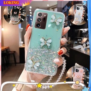 เคสโทรศัพท์มือถือ ซิลิโคน ลายผีเสื้อ ประดับกลิตเตอร์ พร้อมสายคล้อง สําหรับ Huawei Nova 9 9SE 8 8i Nova 7 7SE 7i Nova 5T 3i 3 Y70 Y70Plus