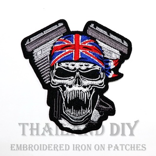 ☠ ตัวรีดติดเสื้อ งานปักหัวกะโหลก ธงชาติ อังกฤษ สัญลักษณ์ ธงชาติ England Flag Skull Patch ตัวรีด WOP DIY อาร์มติดเสื้อ