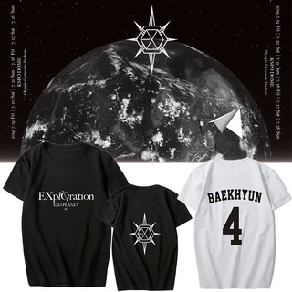 เสื้อยืดผ้าฝ้าย เสื้อยืด EXO PLANET #5 KPOP พิมพ์เสื้อยืดแขนสั้นสไตล์สตรีท หลวม、fanmade