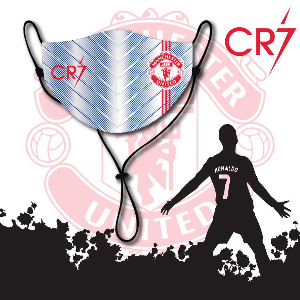 หน้ากากผ้า แมส ผู้ใหญ่ ราคาถูก มีสายคล้องคอ ลาย โรนัลโด้ สีขาว CR7 MANU
