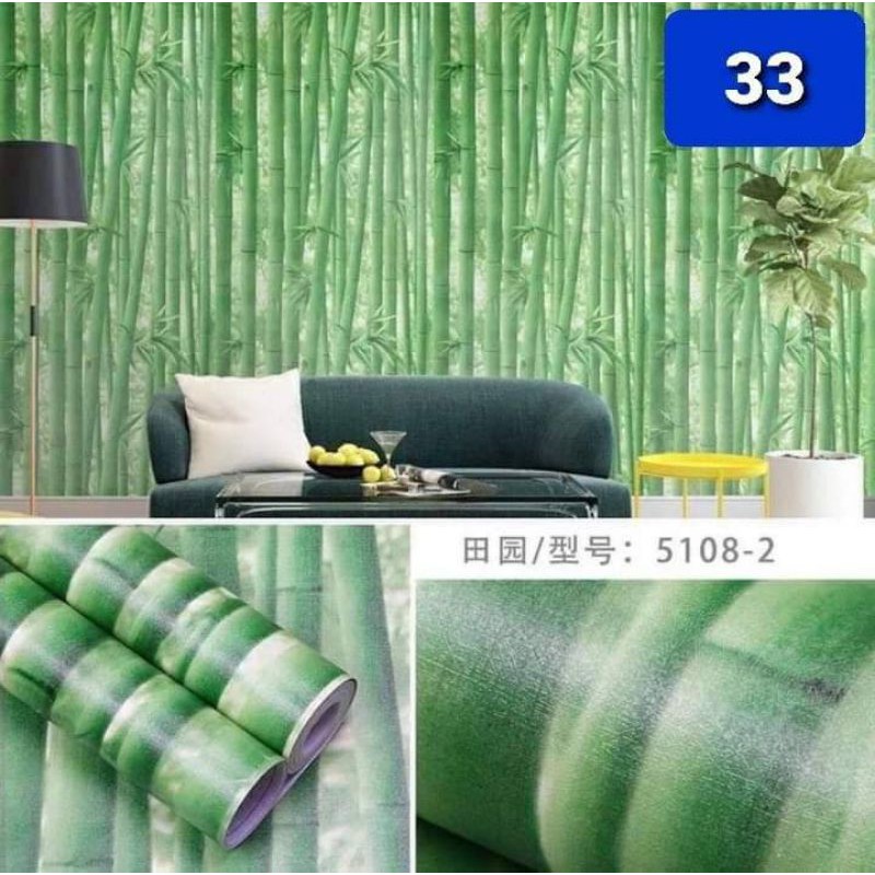 Wallpaper กาวในตัว ลายต้นไผ่สีเขียว สดใส Vintage กว้าง 45 cm ยาว 10 เมตร#033