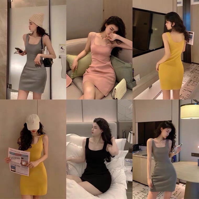 💥 Fairy style 💥 ชุดเดรสไหมพรม เข้ารูป เซ็กซี่ ผ้ายืดและสีพื้น สีโทนอุ่นๆละมุน 💖 #80037