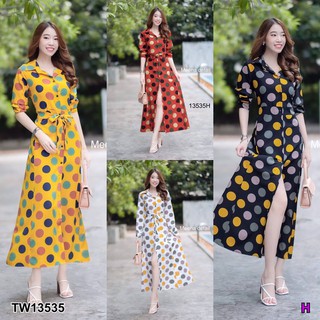 MF13535🍓 Maxi Dress เดรสยาว ปกเชิ้ต ติดกระดุมด้านหน้า แขนยาว มีโบว์ผูกเอว เนื้อผ้าไหมญี่ปุ่นพิมพ์ลายจุดใหญ่ พร้อมส่ง