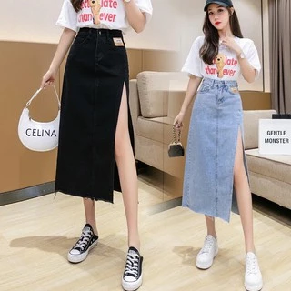 Swan shop 🎈พร้อมส่ง🎈 กระโปรงยีนส์ยาวปานกลางผ่าข้างสำหรับฤดูร้อน แนวหวาน สไตล์เกาหลี