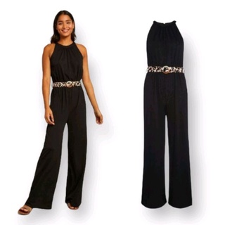 f&amp;f black animal belted high neck jumpsuit