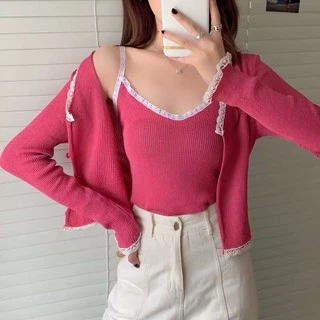 Cicishop(2768)Set เสื้อครอปแขนยาว+สายเดี่ยว ผ้าไหมพรมแต่งลูกไม้