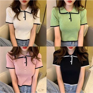 bonniefashion(พร้อมส่ง/ใหม่#B002)เสื้อไหมพรมแขนสั้น คอปกโปโลสไตล์เกาหลี