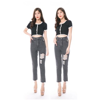 WOW Jeans: กางเกงยีนส์ ทรงบอยสลิม สีสโนว์ดำ แต่งขาด ripped-jeans ไซส์ S26 M28 L30