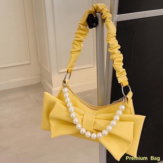 แฟชั่น # 🔥☀Pearl Chain Bag Bow Spice Bag Shoulder Armpit Bag New Handbag Pleated Cloud Bag . กระเป๋าสะพายไหล่