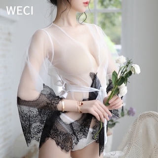 [พร้อมส่ง] WECI เสื้อคลุมซีทรูโปร่งใส กางเกงใน และสายคาดเอว เนื้อผ้าลูกไม้ ทรงสั้น สไตล์เซ็กซี่ แฟชั่นชุดนอนสำหรับผู้หญิง