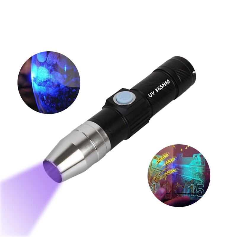 USB ชาร์จ 365nm UV Light 3W ไฟฉาย LED Mini Pocket UV ไฟฉาย Blacklight สําหรับเครื่องตรวจจับลายนิ้วมือเงิน