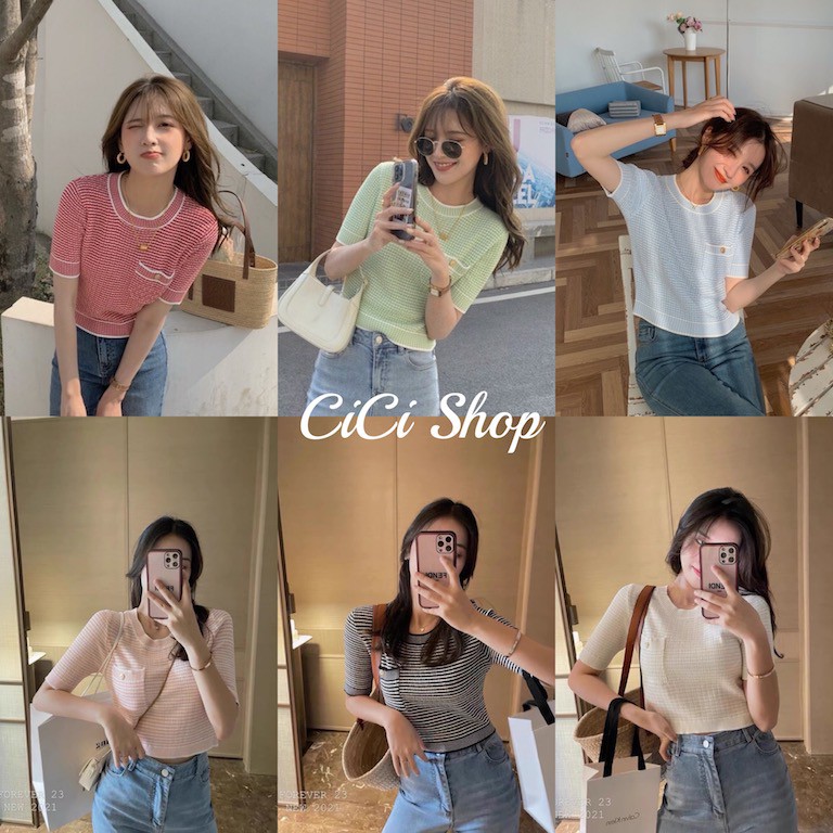 Cicishop(SALE/สุ่ม 9306)เสื้อแขนสั้นไหมพรมคอกลมสีพื้น แขนจั้ม ดีเทลแต่งกระเป๋าหน้าสุดคิ้วท์