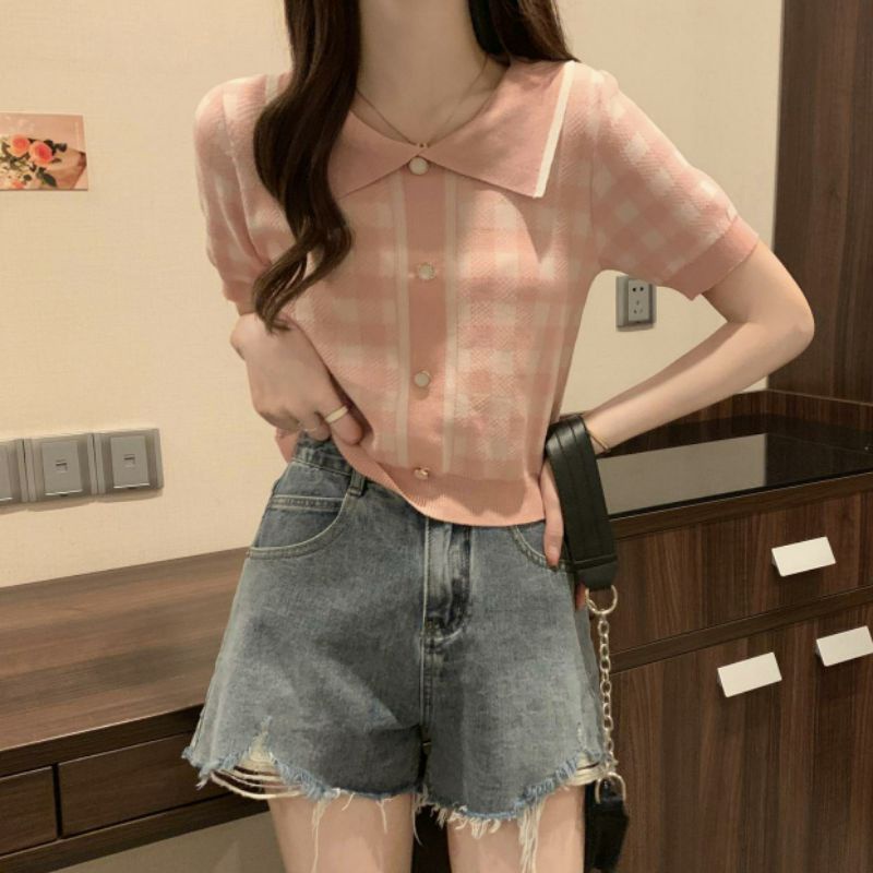 Maze🌟พร้อมส่ง🌟เสื้อคอปกลายสก็อต ดีเทลน่ารักมากๆ💖(B205) - รูปที่ 4