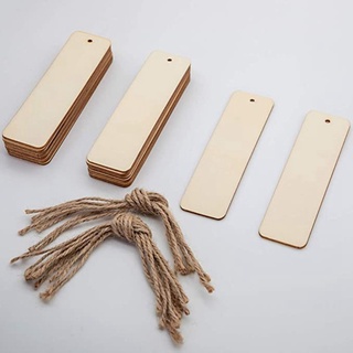 CHUA DIY Wooden Craft Bookmark Rectangle Shape Blank Bookmark Ornaments with Holes and Ropes for Easter Birthday Party Decor