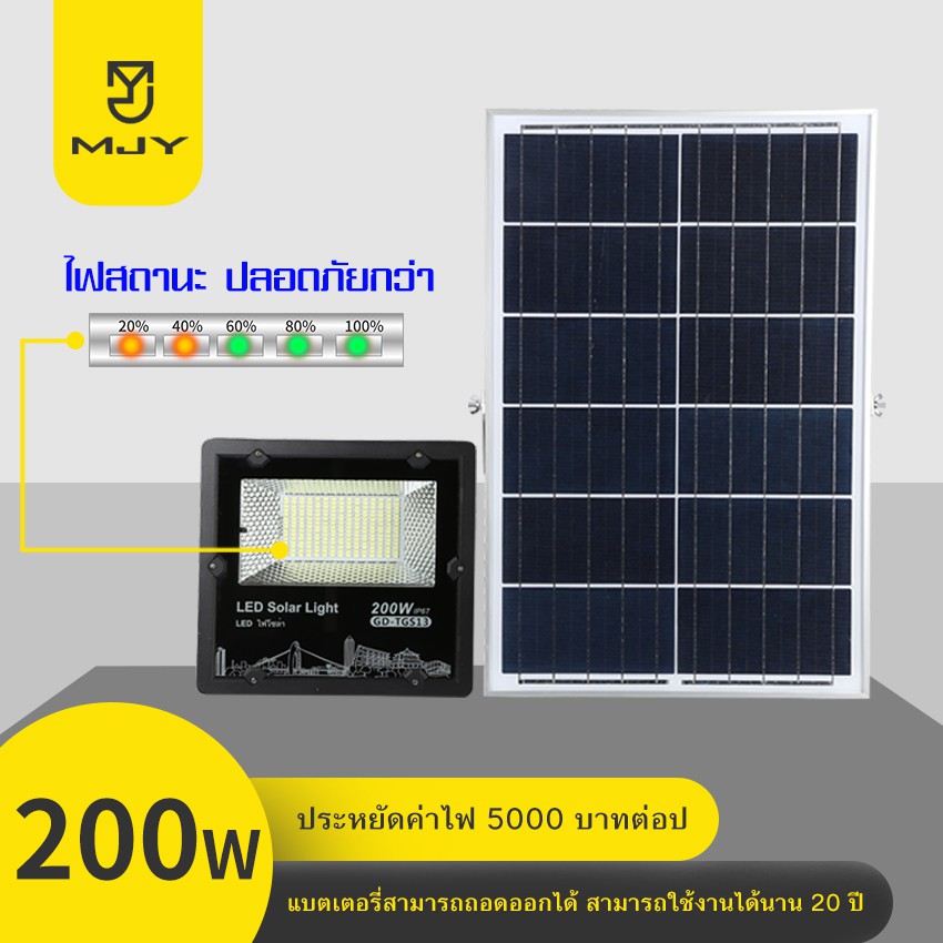 สปอร์ตไลท์ หลอดไฟled โซล่าเซลล์ 50W 75W 100W 150W 200W 300W outdoor solar light solar cell ไฟ 5 meters cable white color