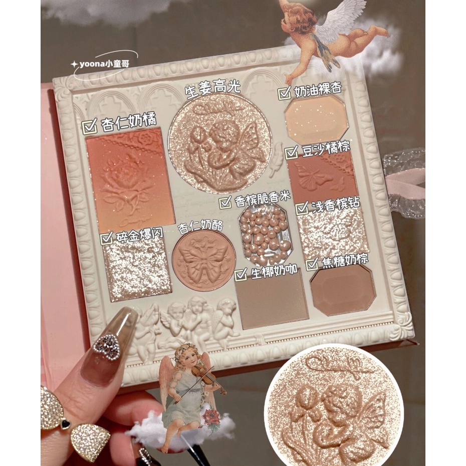 สินค้าใหม่ cheerflor Amusement Player Cupid Angel Butterfly Embossed Eyeshadow Palette Retro Court Style Blush Highlight Integrated Comprehensive Palette Matte Pearlescent ญี่ปุ่นเบ็ดเตล็ดนมชาสี Earth Color