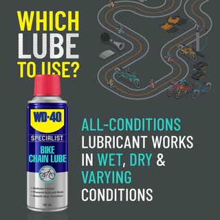 WD-40 BIKE สเปรย์หล่อลื่นโซ่ (All Conditions Chain Lube) ขนาด 180 ml. ประสิทธิภาพสูง เหมาะกับทั้งพื้นเเห้งเเละเปียก