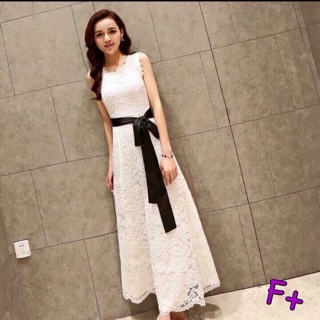 ราคา 290 บาท Vip : 260.-  MaxiDress  เดรสผ้าลูกไม้ทรงยาว แขนกุด แต่งโบว์ผูก ริ้บบิ้น เพิ่มดีเทลสวยๆ