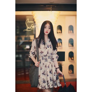 ผู้หญิง ชุดเดรสสั้น เอวจั๊ม ลายดอกไม้  Beige