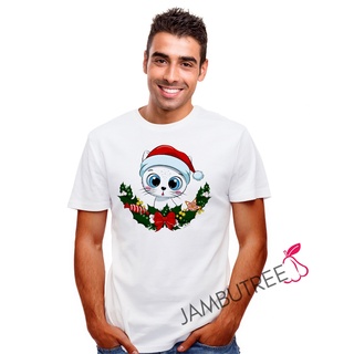 เสื้อยืดผ้าฝ้าย เสื้อยืดคริสต์มาสJambutree Funny Merry Christmas Party Celebration Cute Cat Kitten Fashion Unisex Graphi