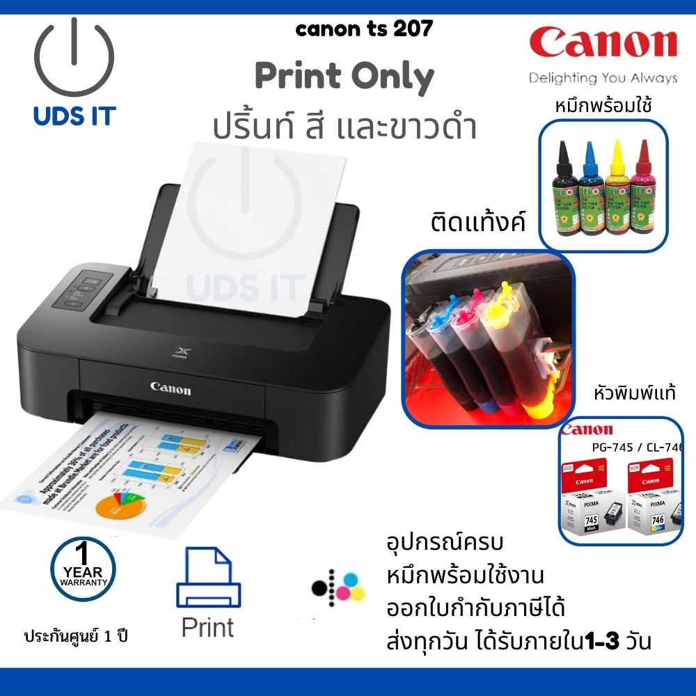 พร้อมส่งทุกวัน!!เครื่องพิมพ์ เครื่องปริ้นท์ สีและขาวดำ canon ts 207 ติดตั้งแท้งค์อุปกรณ์ครบ มีหมึก พ