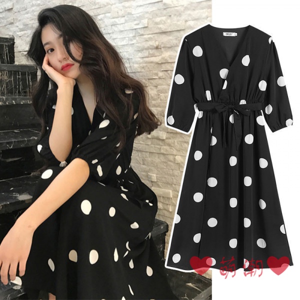 ❤น่ารัก น่ารัก อินเทรนด์❤[M-4XL] ฤดูร้อนชีฟอง Polka Dot V คอชุดน้องสาวอ้วน Plus ขนาดปกท้องยาวครึ่งแขนเกาหลีรุ่น Slimmer ดูกระโปรงครึ่งแขนชุด Class