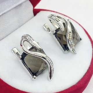 Q6436 ต่างหูพลอยสโมกกี้ควอตซ์แท้ ( Smoky Quartz ) ตัวเรือนเงินแท้ 925 ชุบทองคำขาว