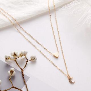 Korean Fashion Double Layer Heart Choker Necklace for Women Delicate Simple Gold Moon Crystal Pendant Necklace Boho Jewelry