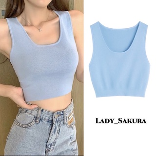 Lady_Sakura✨6122/SS.AF#เสื้อกล้ามคอกลมเนื้อผ้าใหมพรม#เสื้อครอปเเขนกุดสไตล์เกาหลี