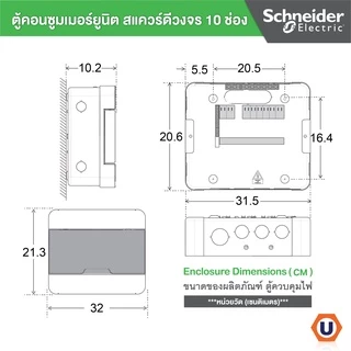 Schneider SET ตู้แสควร์ดี 10 ช่อง + เมนเบรกเกอร์ 50A + ลูกย่อยเซอร์กิตเบรกเกอร์ 32A/20A/16A ตู้ไฟ 1 เฟส 2 สาย 240 โวลท์