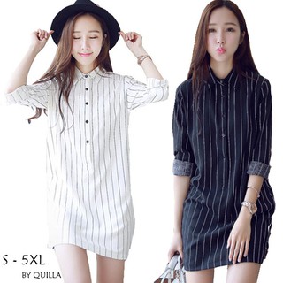 💥พร้อมส่ง ไซส์ S- 5XL 💥 เสื้อเชิ้ตยาว ชุดเดรสยาว QUILLA Plus Size Striped Womens Dress ( สีกรมสีจริงคือสีดำ) NMN 0-01