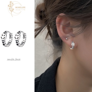 Roselife ต่างหูห่วงโซ่เงิน S925 รูปหน้ายิ้ม เครื่องประดับ สําหรับผู้หญิง 1 คู่