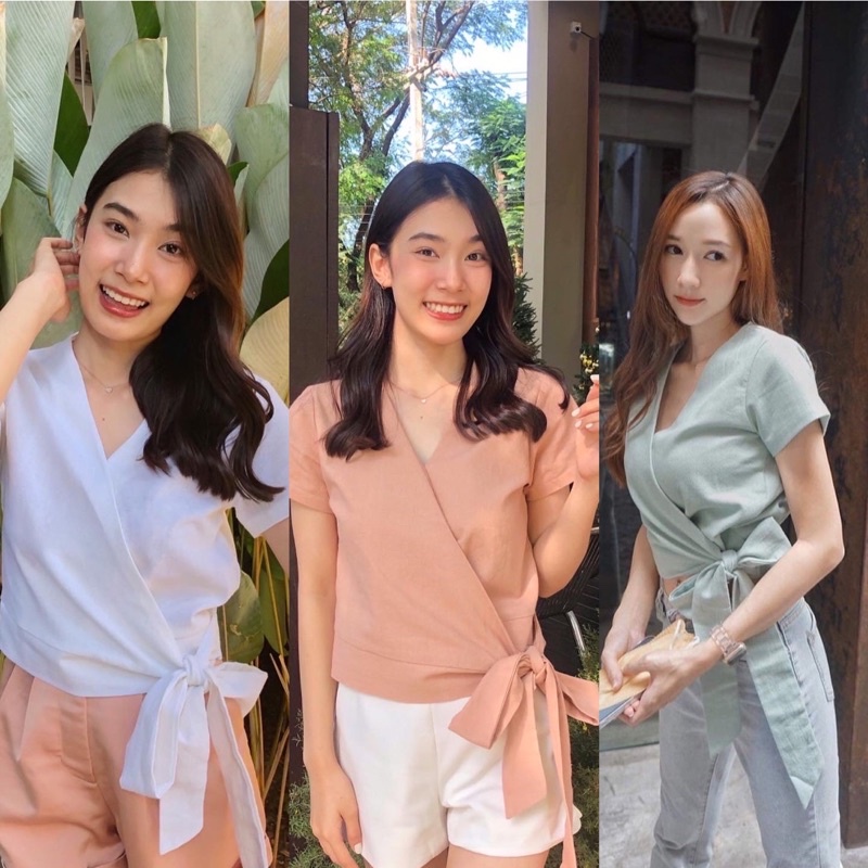 เสื้อ WRAP TOP แขนสั้น ผูกเอว คอวีแขนสั้น,ผ้าฝ้าย,ผ้าฝ้ายชบา