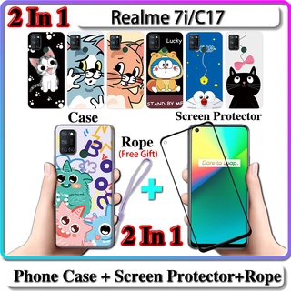 2 IN 1 เคส Realme 7i C17 เคส พร้อมกระจกนิรภัยโค้ง ป้องกันหน้าจอเซรามิค แมวและโดราเอมอน