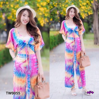 TW9055  Set 2 ชิ้น เสื้อผูกอก+กางเกงขายาว ผ้าสปันลายมัดย้อม กางเกงเอวยางยืดหลัง มีกระเป๋าข้าง ราคาจับต้องสบายห้ามพลาด  +