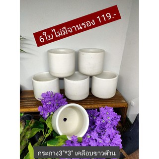 กระถางเคลือบขาวด้าน3"ไม่มีจานรอง6ใบ