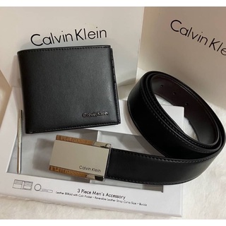 Calvin Klein Leather Belt &amp; Wallet Set Setกระเป๋าสตางค์โลโก้นูน+เข็มขัดสีคาดเงินหนังเงา