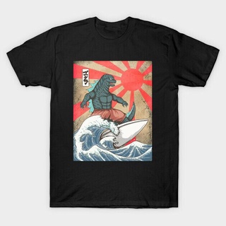 T-shirt  เสื้อยืด ลายมอนสเตอร์ญี่ปุ่น Great Wave Off Kanagawa Mashup สีดําS-5XL