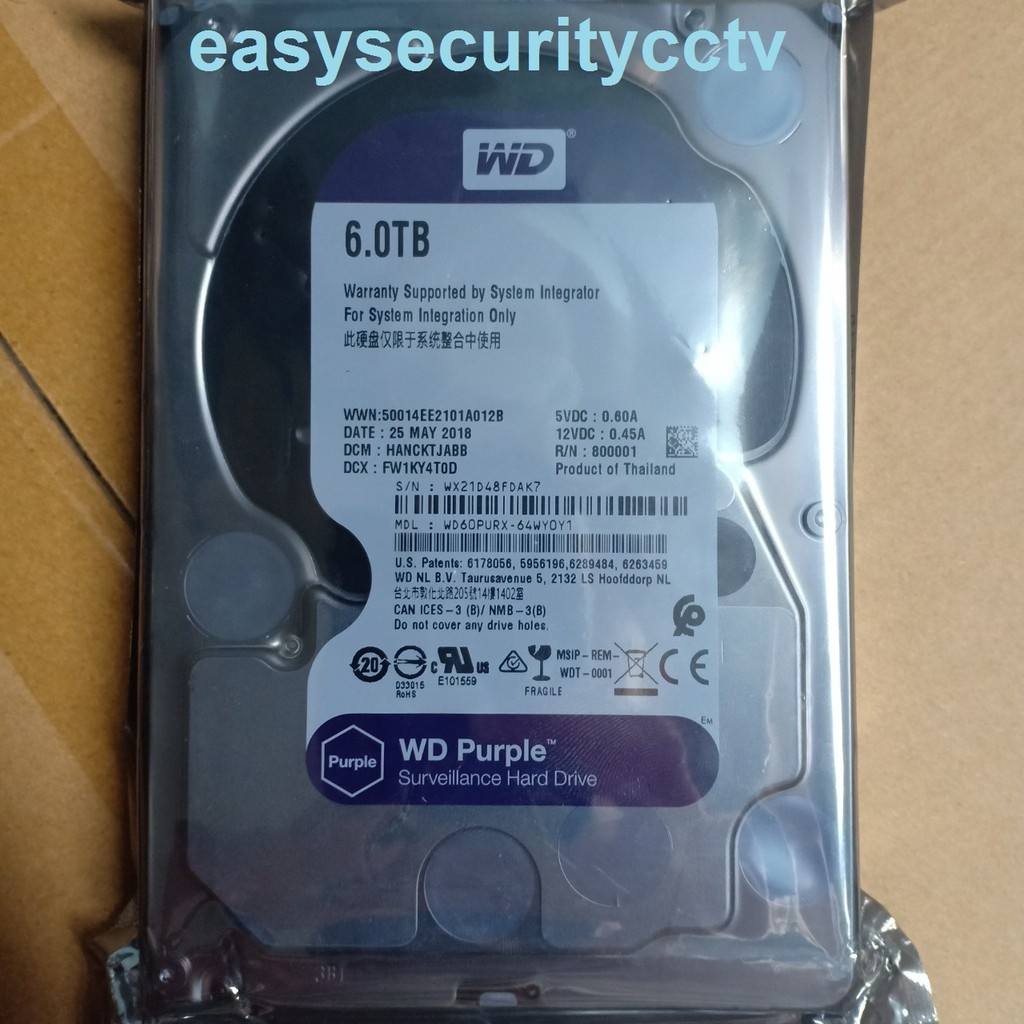 WD SATA HDD 6 TB Purple (สีม่วง) WD60PURX = WD60PUZ ใช้กับกล้องวงจรปิด ...