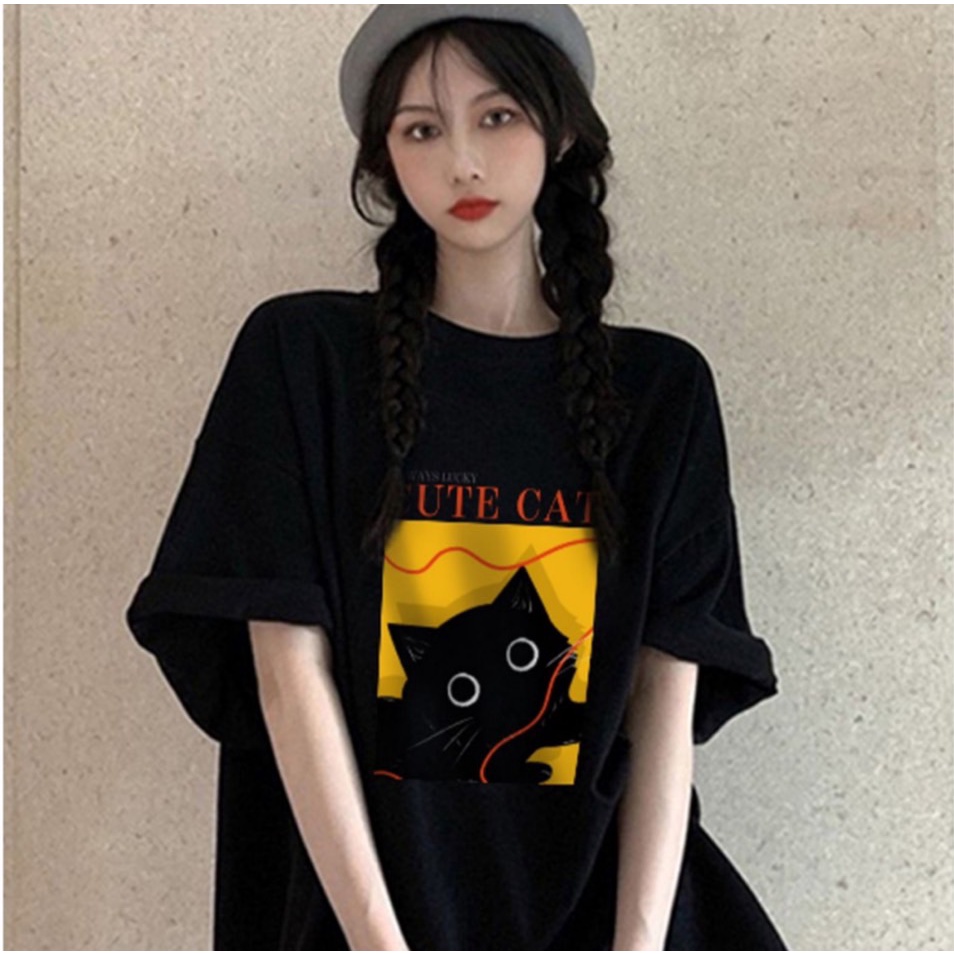 🌿SHOP MKLเสื้อยืด พิมพ์ลายแมว ใส่สบาย ลายน่ารัก แขนสั้น คอกลม#9634