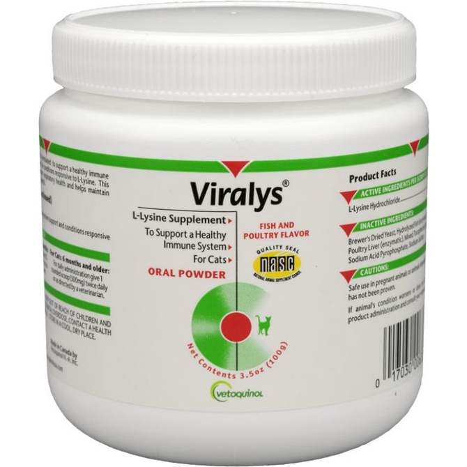 *2 Size (ไลซีนแมว เสริมภูมิคุ้มกัน แมวแก่ แมวป่วย) Vetoquinol Viralys Powder Immune Supplement for Cats, 3.5-oz